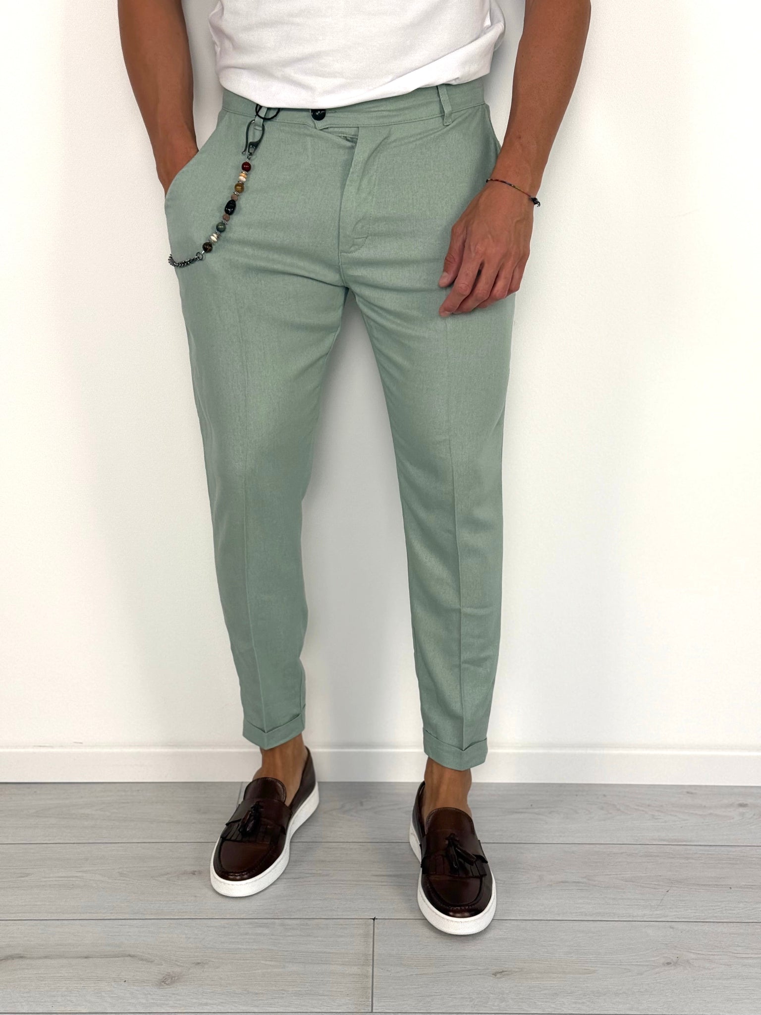 PANTALONE LINO MOD CAPRI RISVOLTINO - Colori Beige e Cammello