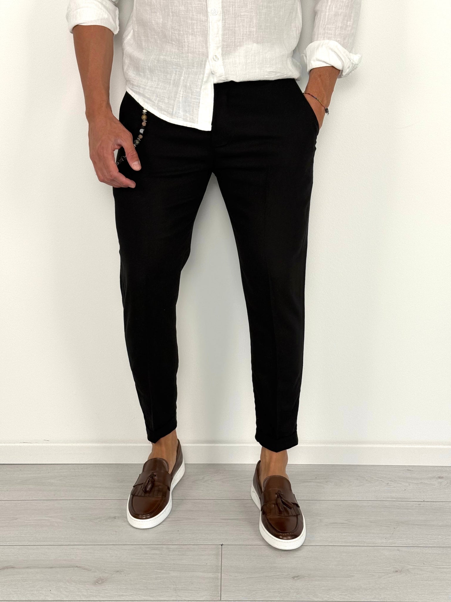 PANTALONE LINO MOD CAPRI RISVOLTINO - Colori Beige e Cammello