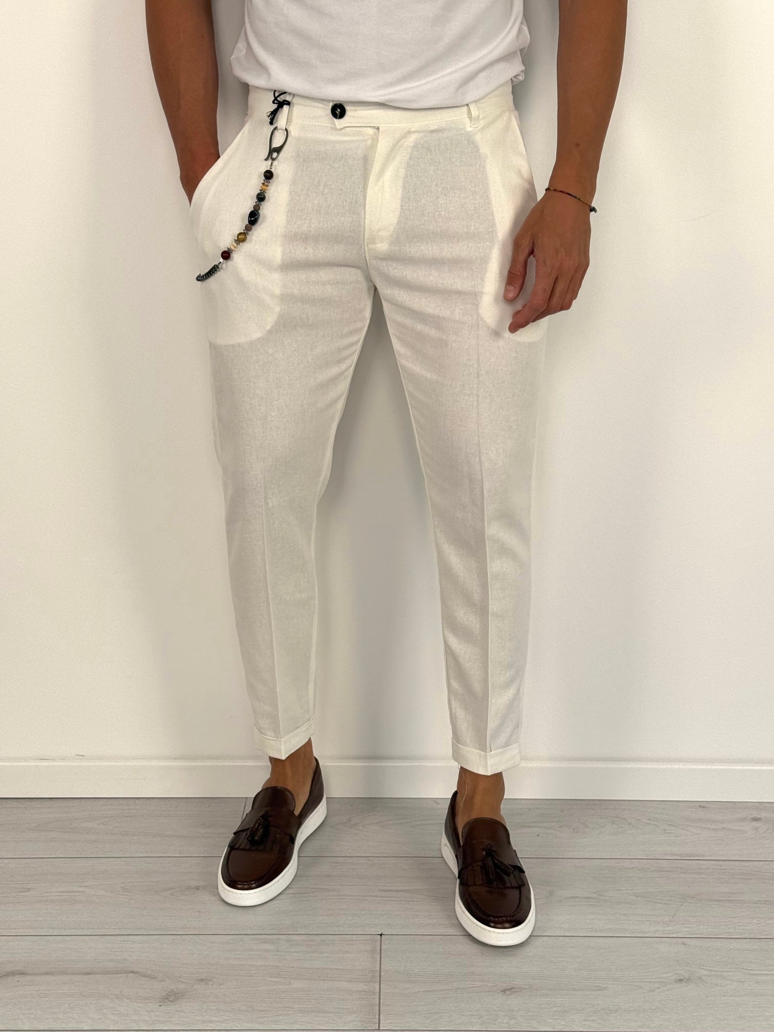 PANTALONE LINO MOD CAPRI RISVOLTINO - Colori Beige e Cammello