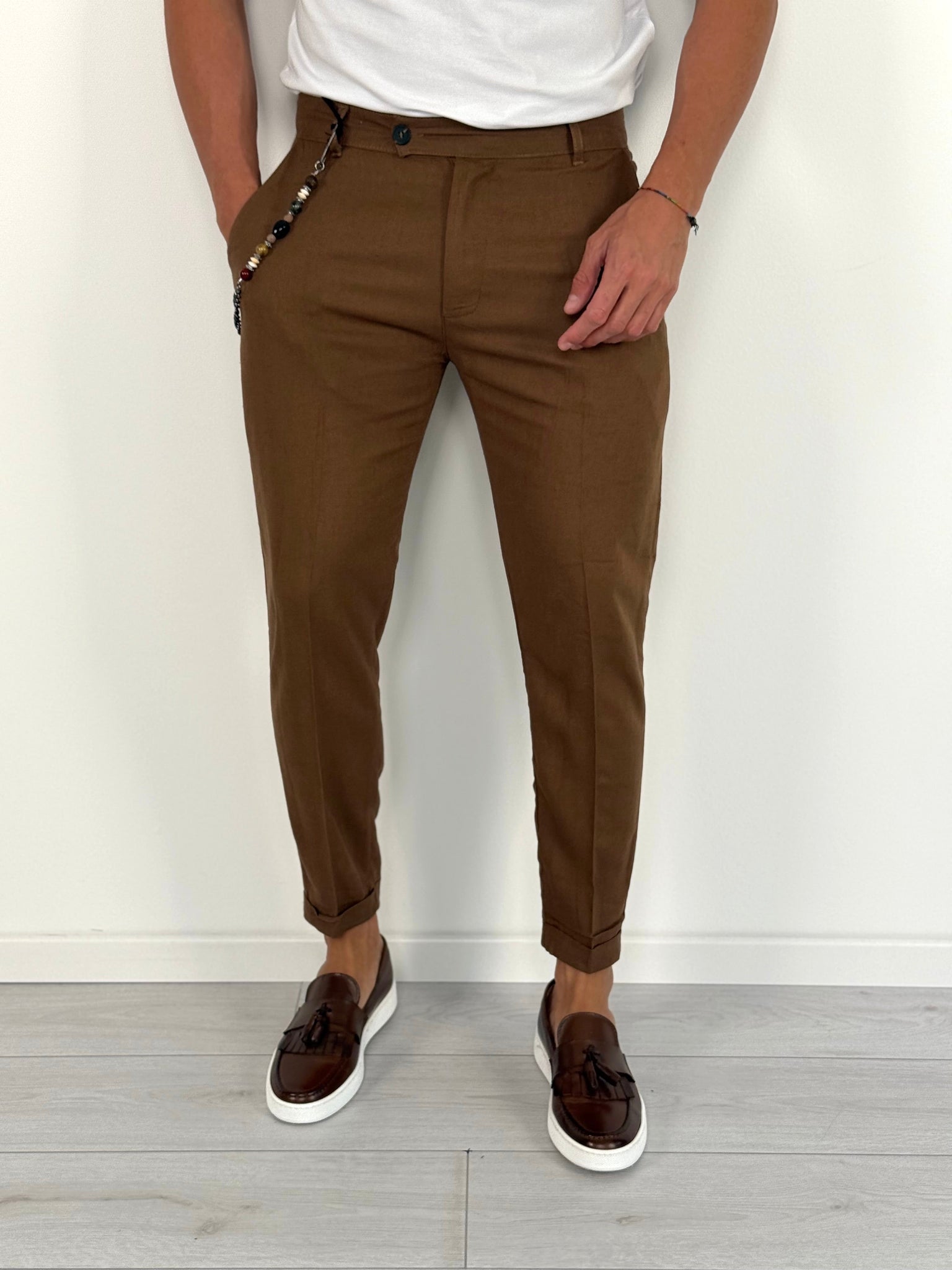 PANTALONE LINO MOD CAPRI RISVOLTINO - Colori Beige e Cammello