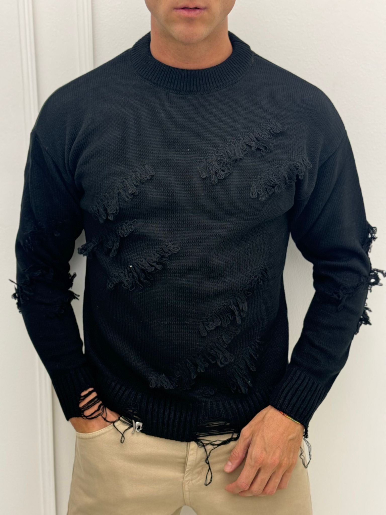 MAGLIONE SFRANGIATO LANA - ultimo XL nero