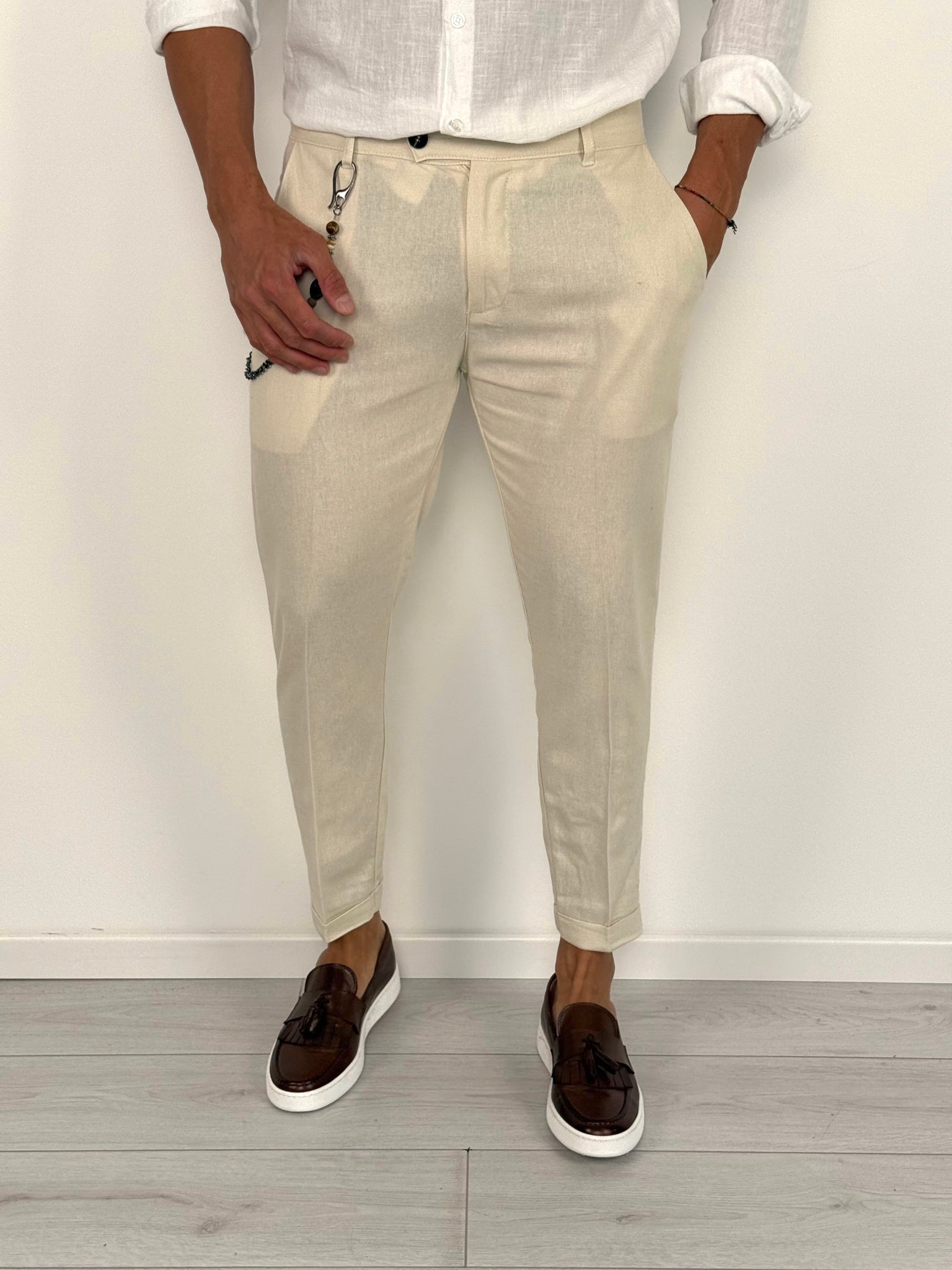 PANTALONE LINO MOD CAPRI RISVOLTINO - Colori Beige e Cammello