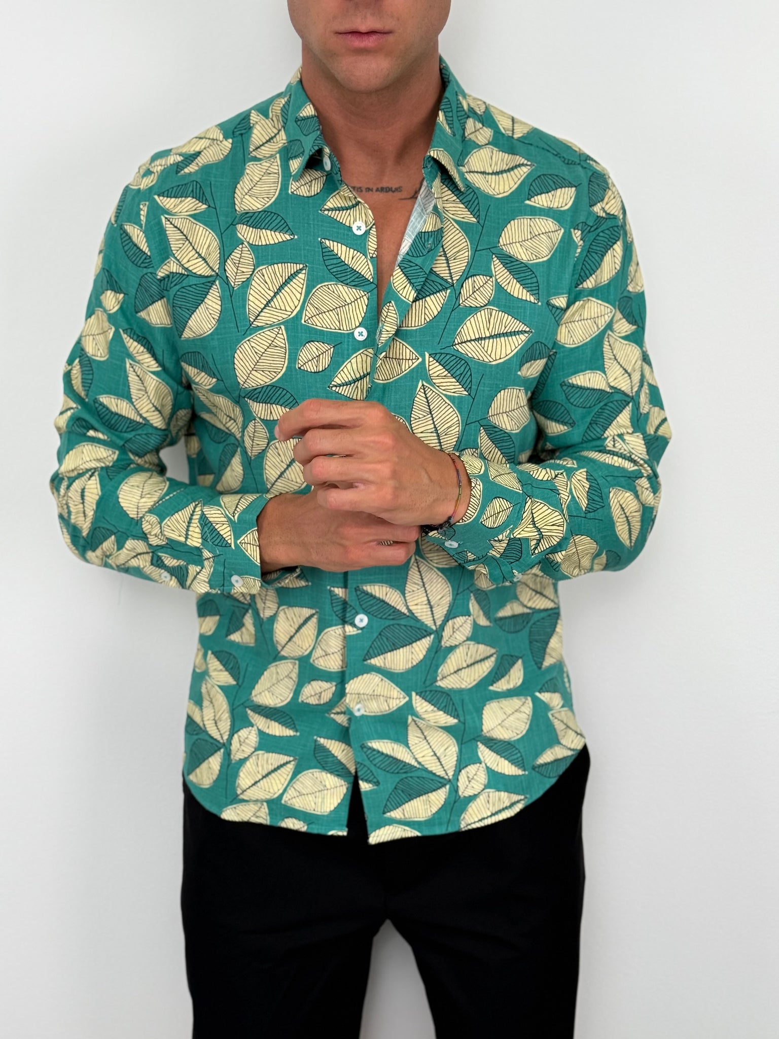 CAMICIA LINO FOGLIE - Tg. XXL