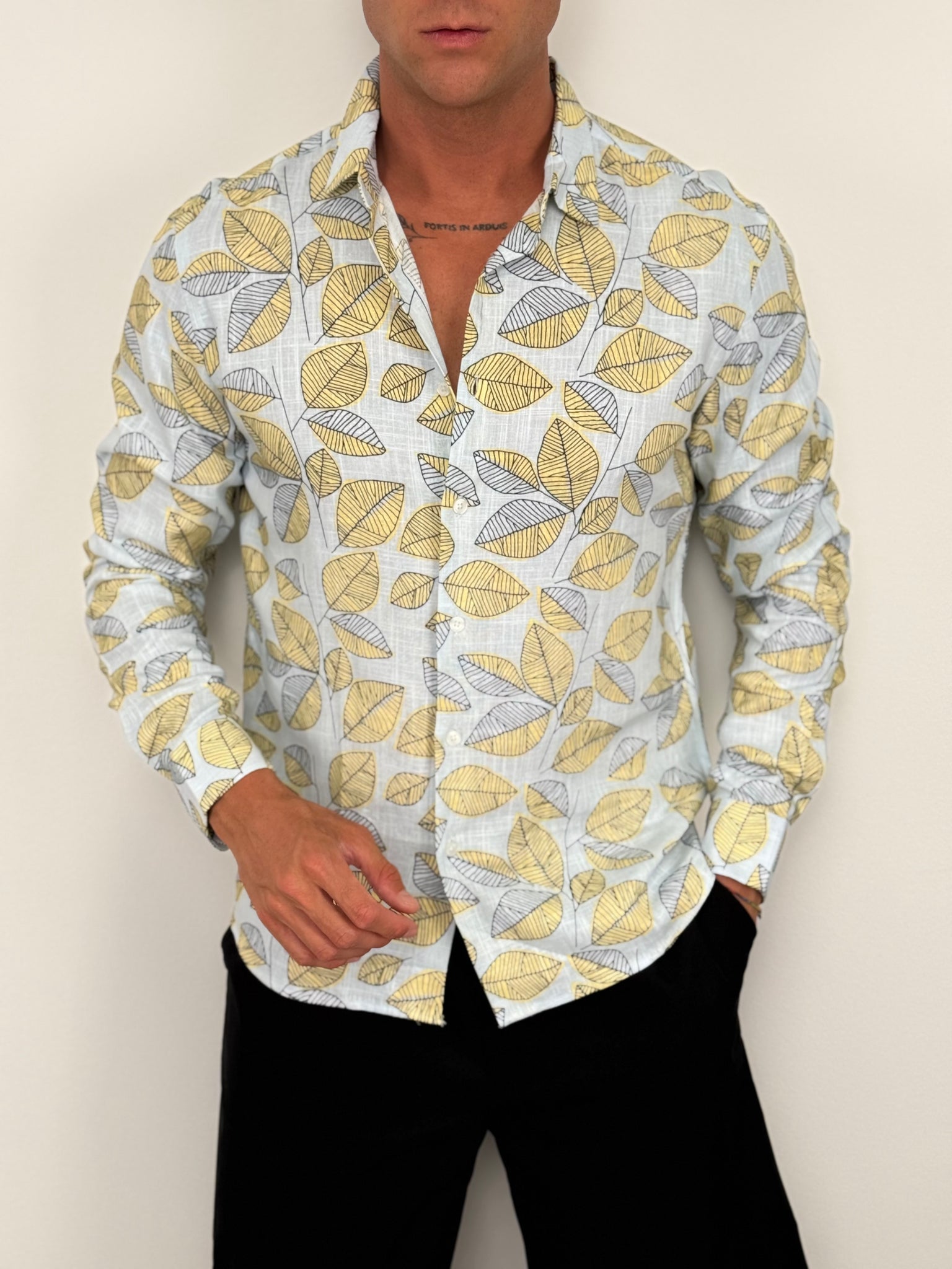 CAMICIA LINO FOGLIE - Tg. XXL